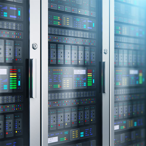Modern web network and internet telecommunication technology, big data storage and cloud computing computer service business concept: 3D render illustration of the macro view of server room interior in datacenter with selective focus effect
